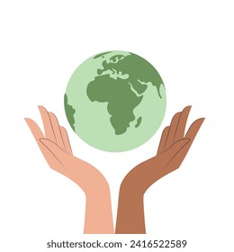 Save the planet. Different race hands holding globe. Earth day concept. Saving the planet together. Modern colorful vector illustration cartoon