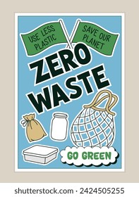 Save planet doodle poster. Caring for nature and environment. Recycling and reuse, zero waste lifestyle. Banner or cover. Cartoon flat vector illustration isolated on beige background