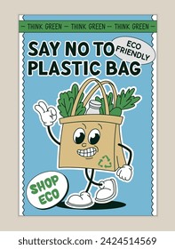 Save planet doodle poster. Say no to plastic bags. Caring for nature and environment. Recycling and reuse, zero waste lifestyle. Cartoon flat vector illustration isolated on beige background