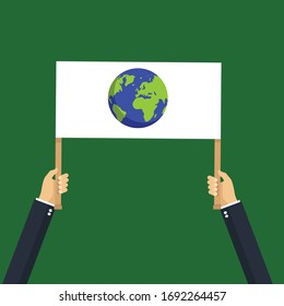 Save the planet earth concept - business hands humans with banner and world planet .Conceptual vector illustration in flat style design.Isolated on background.