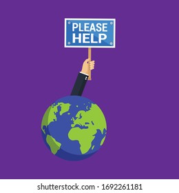 Save the planet earth concept - hand holding sign with text please help.Conceptual vector illustration in flat style design.Isolated on background.