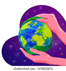 Save the Planet Earth concept vector illustration. Human hands cover the Planet with green leaf.