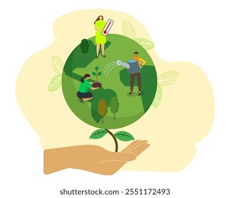 Save Planet Earth Concept. Woman and Man Planting and Watering Trees, Measuring Planet Temperature. Global Warming, Climate Change, Earth Day, Environment Protection. Flat Vector Illustration. 