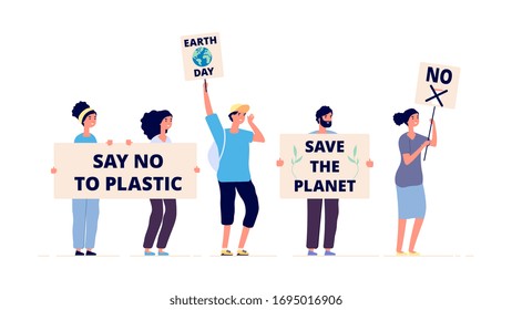 Save the planet. Earth day, environmental activists with placards. Ecological demonstration, global climate change. Green people message vector illustration