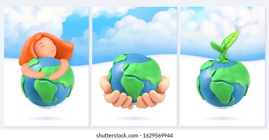 Save the planet. Earth Day nature and ecology background. 3d vector poster design