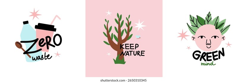 Save planet. Earth environmental care. Icon or sticker collection. green energy, stop pollution, reuse and recycled. Eco friendly, ecology elements. Vector cartoon flat style isolated illustration set