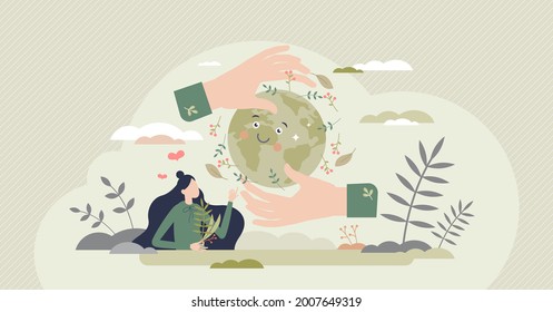 Save the planet and earth with environmental lifestyle tiny person concept. Responsible resource consumption, alternative energy and forestation to reduce climate change impact vector illustration.