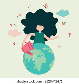save the planet, earth globe girl with watering can, ecology and environment protection