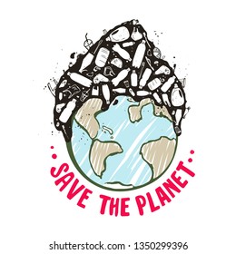 Save the planet. A earth globe with pile of plastic garbage. Concept of saving ecology.