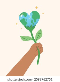 Save the planet earth. Hands holding a plant with heart shape. The earth for environmental protection.
