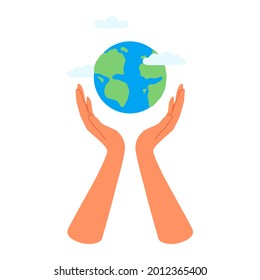 Save planet earth. Hands reach out to the planet with care. Caring for the environment, ecology. Vector illustration isolated on white background