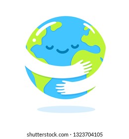 Save the planet, Earth hug drawing. Cute cartoon Earth Day vector clip art illustration.
