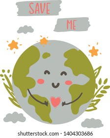 Save the planet, Earth hug drawing. Cute cartoon Earth Day vector illustration.