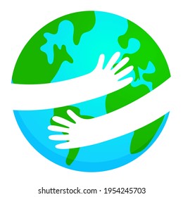 Save the planet, Earth hug drawing. Cute cartoon Earth Day vector clip art illustration. Poster or t-shirt textile graphic design. Beautiful illustration. Earth Day environmental Protection.