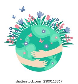Save the planet, Earth hug drawing. Cute cartoon Earth Day vector clip art illustration.