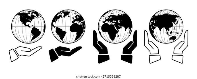 Guardar Conjunto de iconos de Planeta Tierra - Manos sosteniendo el globo, protección del medio ambiente, sostenibilidad y responsabilidad social Ilustración de arte de línea para el Día de la Tierra
