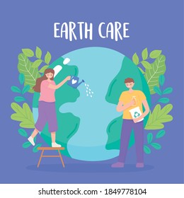 Retten Sie den Planeten, die Landkarte Mädchen mit der Tränkdose und Junge mit Recycling-Produkten, Globus-Pflege, Vektorgrafik