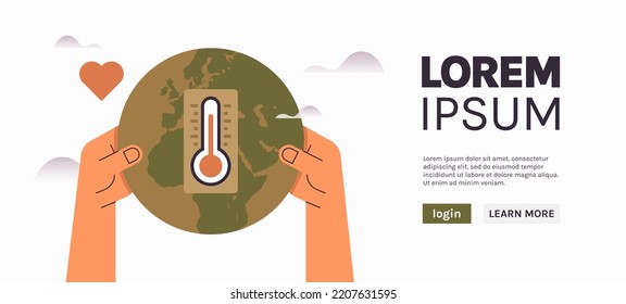 Save planet earth and measuring planet temperature, global warming, climate change concept flat vector illustration.