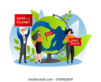 Salvar el planeta, la naturaleza terrestre y el medio ambiente, la ilustración vectorial. El equipo de gente verde se preocupa por la ecología global, salvando el movimiento ecológico del planeta natural.