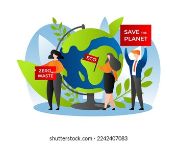 Save planet, earth nature and environment, vector illustration. Green people team care about global ecology, save natural globe eco movement.