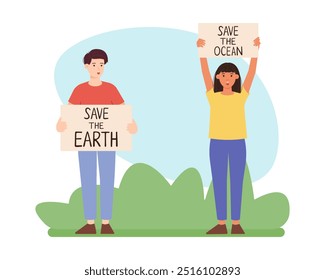 Save the planet earth and ocean, environmental movement, climate change, environmental activism concept. People at a rally with posters. Vector illustration
