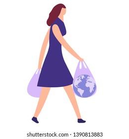 Save the planet. Earth pollution is plastic waste. The problem of ecology. Zero waste. Planet earth in a plastic bag. Vector illustration. Young woman holding reusable grocery bag. Zero waste concept