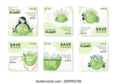 Save Planet Earth Post Template Flat Design Environment With Eco Friendly Editable Illustration Square Background to Social Media or Greeting Card