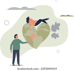 Save the planet as earth protection and ecology care.Heart shaped planet as nature love and conservation for green and sustainable future .flat vector illustration.