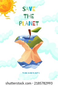 Save the planet. Earth in the shape of apple stub. Eco friendly lifestyle, environment protection. Earth Day April 22. Cartoon vector illustration.