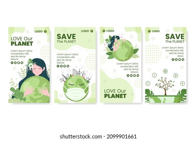 Save Planet Earth Stories Template Flat Design Environment With Eco Friendly Editable Illustration Square Background to Social Media or Greeting Card