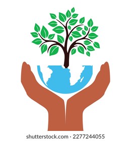 Save the planet, save the earth, save the tree, illustration design, happy earth day 22th April banner or poster with hand, tree, half earth shaped, Illustration vector art