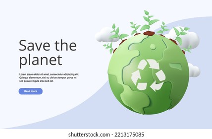 Save Planet Earth. Website interface, banner, infographic Planting Watering Trees, Measuring Planet Temperature. Climate Change. 3D render Vector Illustration. Eco friendly banner, ustainability