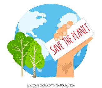 Save the planet. Earth world day, protect environment. Ecology, green tree and hand vector illustration