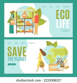 Save planet, eco life concept, vector illustration. People man woman character care about ecology, green environment, landing banner set.