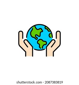 Save the planet. Eco-friendly alternative lifestyle icon. Earth globe in hands. Pixel perfect, editable stroke
