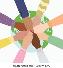 Save the planet ecology card. Diverse people stacking hands together to protect the Earth. Environment improvement concept. Hand-drawn eco-friendly vector illustration.