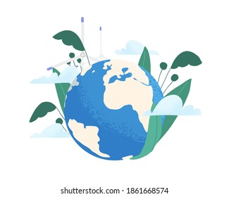 Save the planet ecology concept. Earth care and environmental protection. Eco-friendly planting and using renewable energy. Colorful flat textured vector illustration isolated on white background