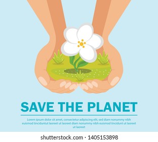 Save Planet, Ecology Flat Banner Vector Template. Environment Protection Motivational Poster. Hands Holding White Flower Illustration with Text Space. Earth Day Celebration, Nature Preservation