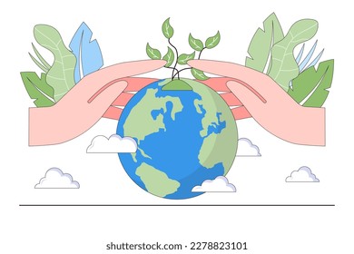 Save planet and energy concept. Hands close the planet from pollution. Environmental and earth day vector illustration for landing page, web banner, hero images, homepage.