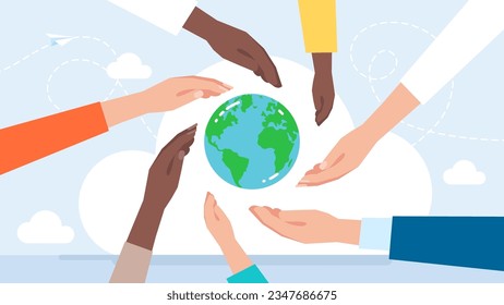 Save the planet, energy. Earth day. Hands holding globe. Earth day concept for poster, banner, print, web. Saving the planet, and environment. Modern cartoon flat style. Vector illustration