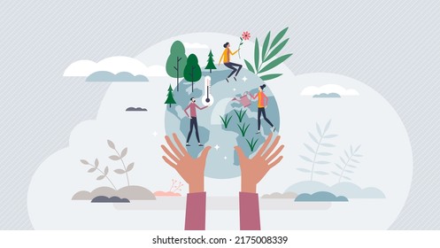 Save the planet and environment protection community tiny person concept. Ecological lifestyle and vulnerable earth awareness or care vector illustration. Support sustainable temperature conservation.