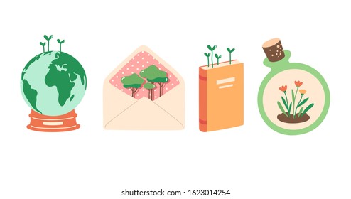 Save the planet, environment protection sticker set in cartoon style. Vector illustration isolated on white. Globe, envelope, book, glass bottle with cork. Bundle of decorative design elements. 