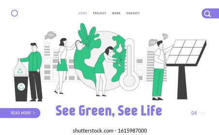 Save Planet Environment Website Landing Page. Characters Care of Plants, Throwing Trash to Recycling Litter Bins, Set Up Solar Panels Web Page Banner. Cartoon Flat Vector Illustration, Line Art