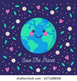 Save the planet. Environmental conservation concept. Cute smiling Earth, floating among flowers and hearts. Vector illustration.