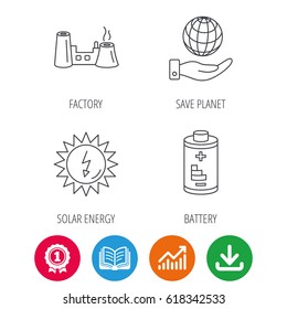 Save planet, factory and battery icons. Solar energy linear sign. Award medal, growth chart and opened book web icons. Download arrow. Vector