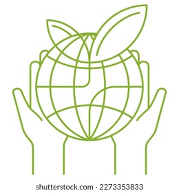 Save Planet flat icon - Earth globe holding by human hands. Environment protection eco-friendly motivation in thin line