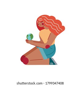 Save the planet. Flat illustration of a red haired girl holding the planet earth in her hands. Nature is in our hands. Vector modern illustration for articles, cards and your creativity.