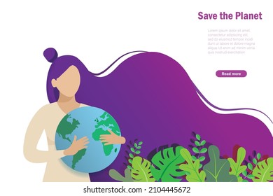 Salvemos el planeta y el bosque. Mujer sostiene planeta verde en el brazo 
para protección. Atención a la naturaleza, ecología, Día Mundial del Medio Ambiente, Día de la Tierra y concepto de calentamiento global. Para plantilla web, banner y afiche.