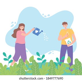 save the planet, girl with watering cand and boy with recycle products on grass vector illustration