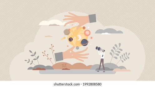 Save the planet as global earth care and protection tiny person concept. Environmental preservation, nature friendly hazards prevention and responsibility about fragile climate vector illustration.